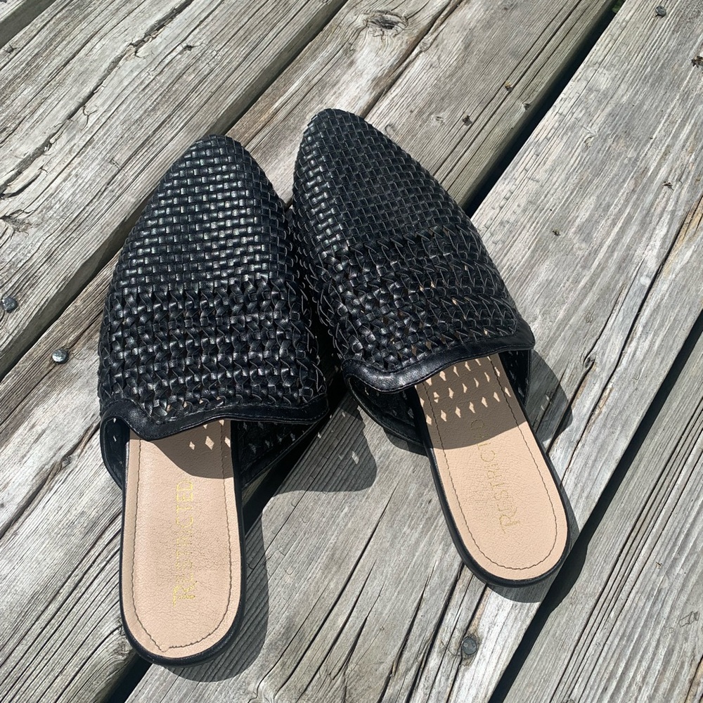 Restricted Black Woven Flat Mule Sandals in Size 8